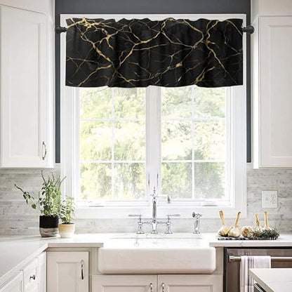 Gold Black Marble Valance, Modern Luxury Vinatge Marbling Abstract Ink Art Painting Blackout Short Window Curtain Treatment for Kitchen Bedroom Cafe Living Room, 54x18inch - color: Marble-11