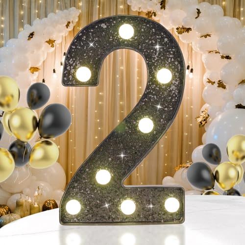 Black Glitter LED Marquee Number 2, Warm White Light Decor Sign - size: Number-2