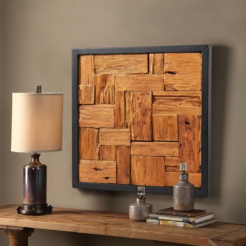 Greenage Reclaimed Teak Wood Wall Decor 17"x17" Farmhouse Square Wall Art Rustic Wooden Wall Hanging Decoration Rectangular Geometric Framed Wall Panel Shape for Home Living Room Bedroom - color: Natural-2, size: 17"L x 17"W