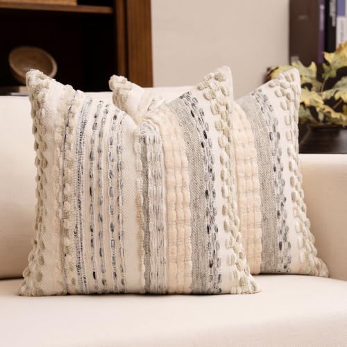 Boho Chenille Tufted Throw Pillow Covers 18x18 Inch Set of 2 Farmhouse Cream White Woven Striped Decorative Pillowcases for Couch Sofa Bed - color: Cream White