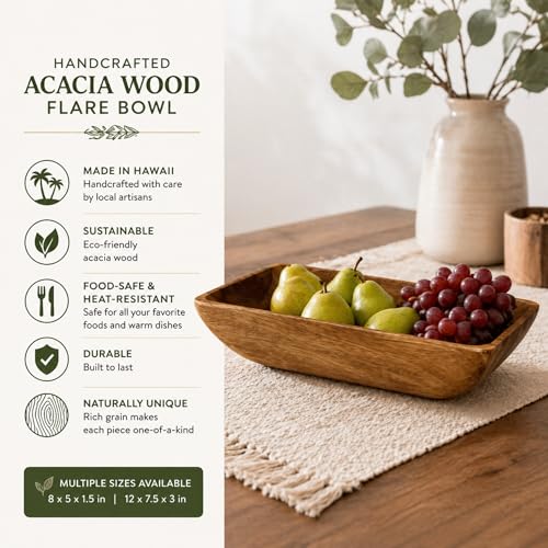 Handcrafted Acacia Wood Rectangular Bowl – Made in Hawaii – Eco-Friendly Wooden Serving Dish – Durable, Food-Safe, Heat-Resistant – Flared Design – Multiple Sizes (12x7.5x3 inch) - size: 12x7.5x3 inch