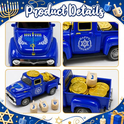 Hanukkah Truck Decor with 3 Wooden Dreidels and Gold Gelt Coins, 5.7-Inch - color: Hanukkah Blue