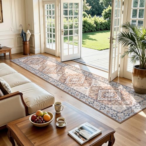 Lofus 2'6" x 10' Hallway Kitchen Washable Runner Rug, Long Carpet Brown - color: Floral Brown, size: 2'6 x 10' (Runner)
