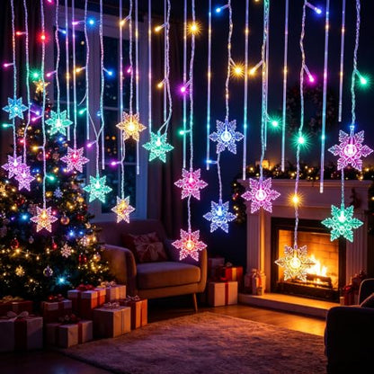 String Lights LED Curtain Light, 96 LED Fairy 3.5M Snowflake Waterproof Christmas Lights with Control Plug in Lights for Outside Indoor Bedroom Party Fence Patio - Colorful - color: Warm White