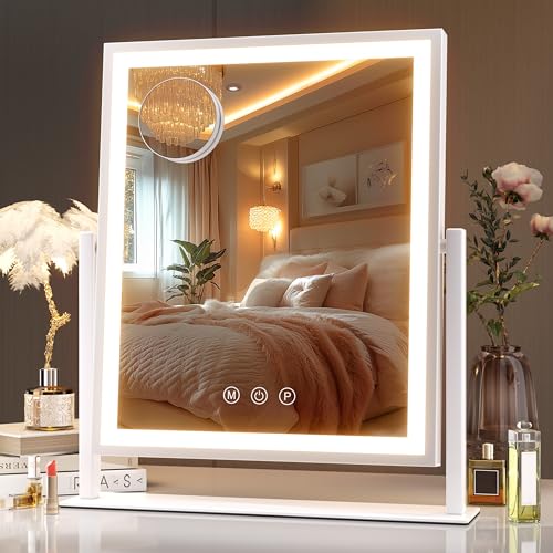 Hasipu Vanity Mirror with Lights, 12" x 14" LED Makeup Mirror, Light up Mirror with Smart Touch 3 Color Modes and Brightness Adjustment, 10X Magnifying Glass,360° Rotation - color: White, size: 12"L x 14"W