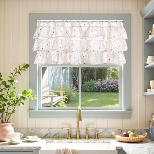 jinchan Mini Pom-Pom Ruffled Valance for Windows 18 Inch 1 Panel Red - color: Dottie Blush Meadow
