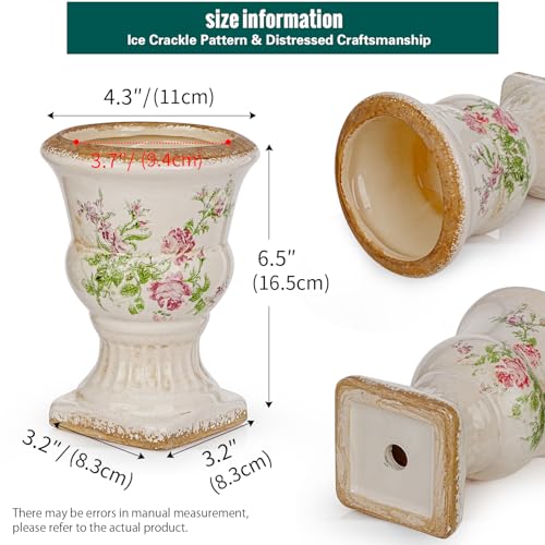 Sungmor Small Ceramic Urn Planter - Pink Floral Pedestal Flower Pot - color: Pink