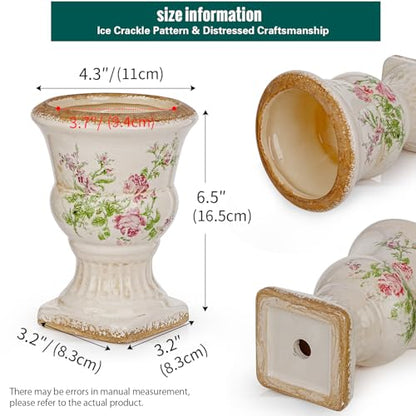 Sungmor Small Ceramic Urn Planter - Pink Floral Pedestal Flower Pot - color: Pink