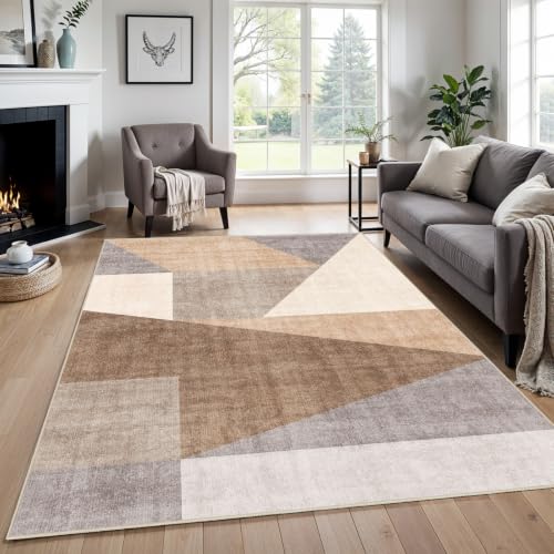 5x7 Washable Area Rug for Living Room - Non-Slip Geometric Rugs Tan Beige - color: Tan Beige, size: 5' x 7' (Rectangular)