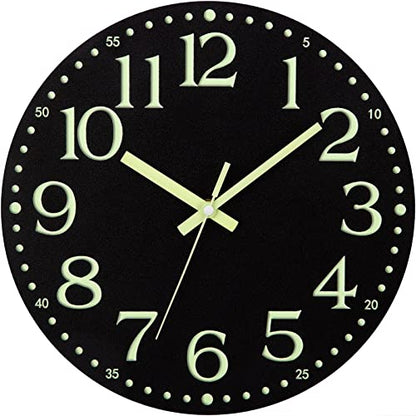 Wall Clock Glow in the Dark Clocks Battery Operated Silent 12 Inch - color: Luminous -Black