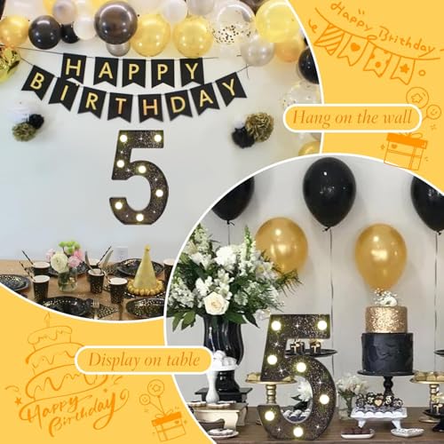 Black Glitter LED Marquee Number 5, Warm White Light Decor Sign - size: Number-5