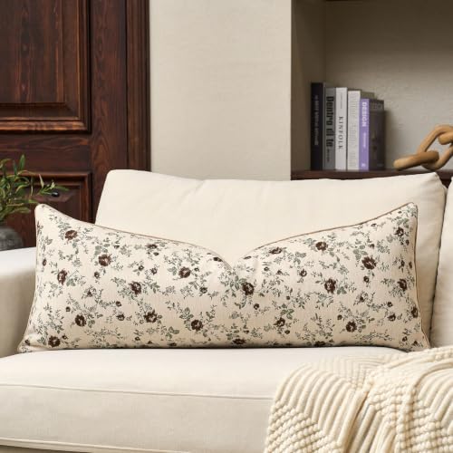 Spring Flower Lumbar Throw Pillow Cover 14x36 Inch Beige Vintage Floral Pillow Cover Farmhouse Cushion Cover Leaf Retro Chenille Pillowcase Home Decor for Sofa Living Room Couch - color: Beige, size: 36" x 14" (Pack of 1)