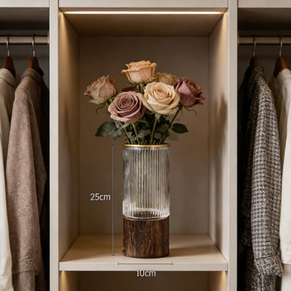 Artistic Wood Glass Vase,Wooden Base,Tall Vases Bottles for Flowers, Cylinder Vases for Wedding Centerpieces Table Shelf Decor - style: French