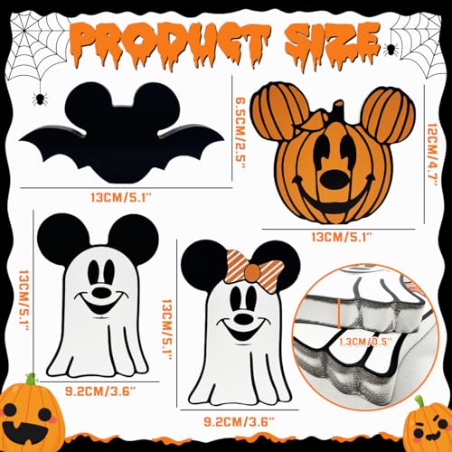 4pcs Ghost Halloween Decorations for Indoors, Cute Mouse Spooky Centerpiece Table Decorations, Wooden Bat Pumpkin Tiered Tray Decor, Wooden Table Decor for Home Halloween Party
