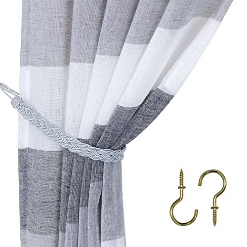 Home Queen Hand Braided Curtain Tie Back, 4 Rope Belt Curtain Tie with 4 Metal Hooks, Grey - color: Grey, size: 4 Pack