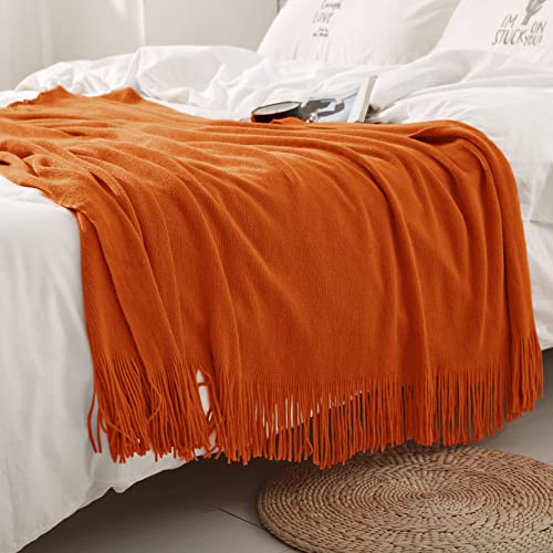 Homiest Dark Orange Knitted Throw Blanket with Fringe, 50x60 Inch - color: Dark Orange, size: 50" x 60"