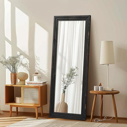 58x22in Full Length Mirror, 3-Tier Stepped Solid Wood Frame, Black - color: Black, size: 58"L x 22"W