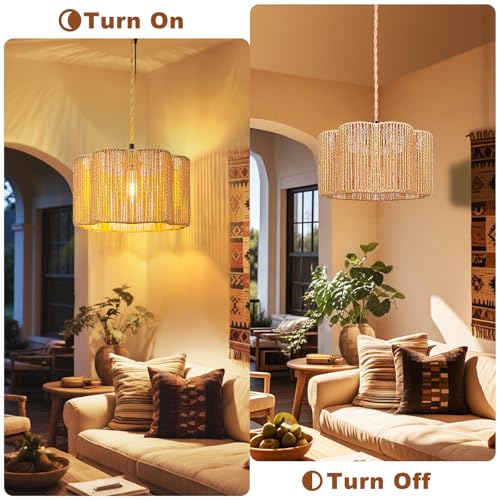 Hanging Lamps Rattan Pendant Light Hanging Lights 16.4ft Plug in Cord Pendant Light Fixture Plug Into Wall Outlet Pendant Lighting with On Off Switch for Bedroom Living (Cylindrical Flower Shade) - size: 12.6 Inch - Flower Shade