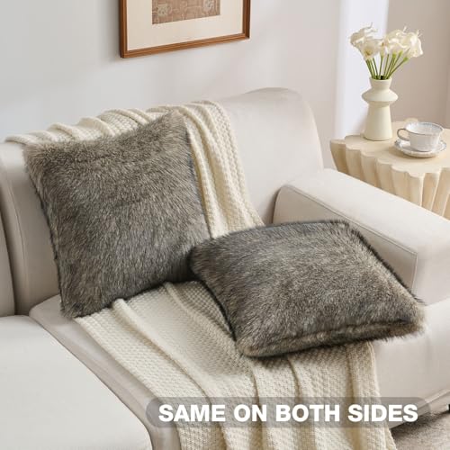 FUTEI Pack of 2 Faux Raccoon Fur Throw Pillow Covers 45 x 45 cm, Gray Green - color: Gray Green