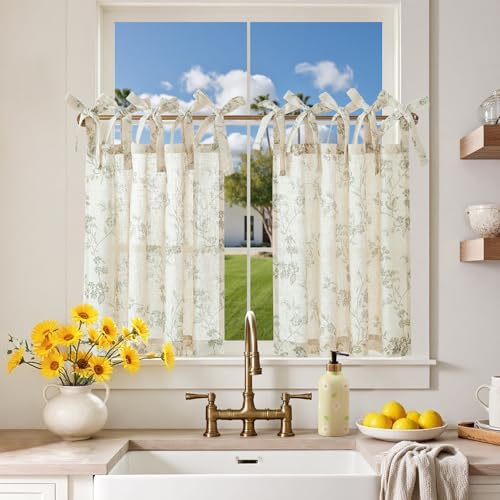 jinchan Green Floral Kitchen Tier Curtains Alisa 24 Inches Tie Top 2 Panles - color: Alisa Green on Linen, size: 26"W x 24"L (Pack of 2)