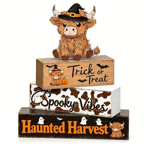 4 Pieces Highland Cow Wooden Table Decor Set, Rustic Farmhouse Tiered Tray Decor, Western Country Style Shelf & Tabletop Decorative Accent Pieces, Home Office Kitchen Mantel Decoration