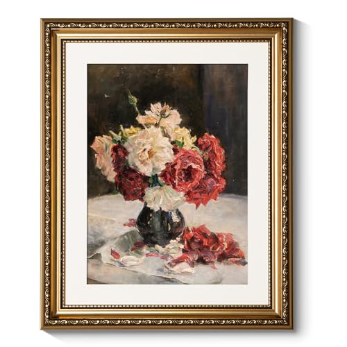 ARPEOTCY Vintage Gold Framed Wall Art Decor, Vintage Retro Vase Roses Paintings Ktichen Decor, Canvas Prints Floral Pictures, Antique Bedroom Country Picture Wall Art 13x16 Inch - color: A bouquet of roses in a vase, size: 16"L x 13"W