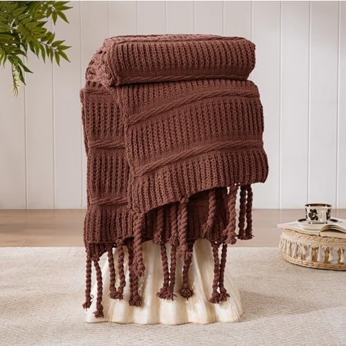 Boho Knitted Chenille Blanket with Tassels - Lightweight & Soft All-Season Throw - 3D Classic Pattern for Living Room Bedroom Couch, Copper Brown, Throw 50"x60" - color: Copper Brown, size: Throw