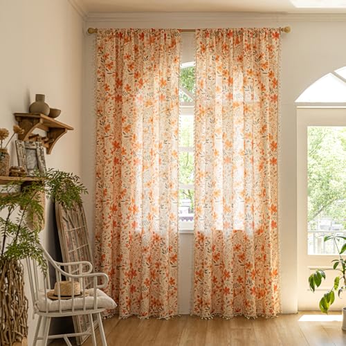ENJOYBRIDAL Floral 84 Inch Curtains for Bedroom Living Room Drapes 2 Panel Sets Semi Sheer Farmhouse Patterned Window Curtain Panels Floor Length Cute Boho Rod Pocket Cottagecore Window Treatments - color: Floral05, size: 52"W x 84"L (Pack of 2)