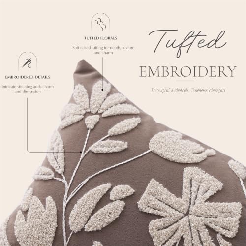 BlissBlush Decorative Throw Pillow Cover 20x20 Inch, Taupe Brown Floral Tufted Velvet Accent Pillow Case for Sofa Bed Living Room, Cover Only - color: Taupe, size: 20" x 20" (Pack of 1)