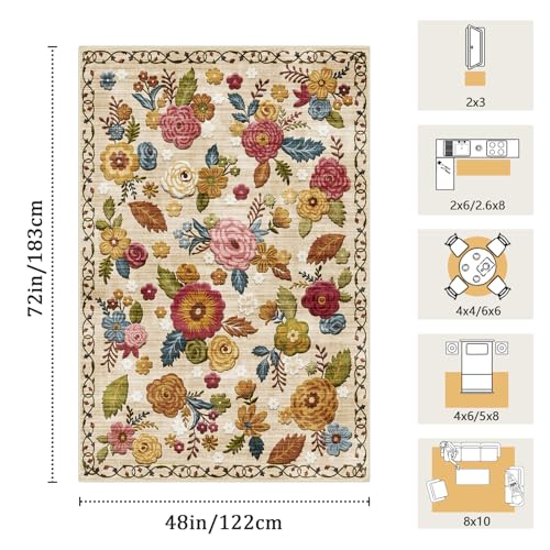Washable 4x6 Area Rug, Beige Boho Floral Non-Slip for Kitchen, Entryway - color: Beige, Cream, Mustard, Brick Red and Blue, size: 4' x 6' (Rectangular)