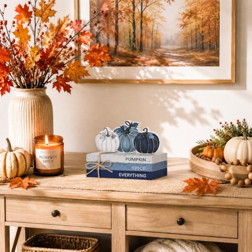 Smile Fall Wooden Decor Signs Blue Tone Pumpkins PUMPKIN SPICE EVERYTHING Tiered Tray Tabletop Signs for Autumn Harvest Thanksgiving Home Decor - style: Blue Pumpkin
