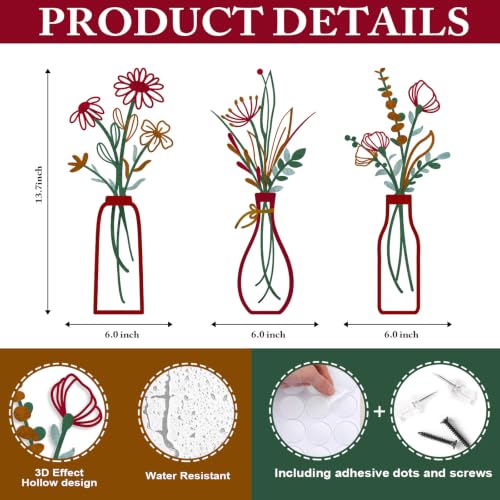Pigort 3 Pieces Metal Vase Flowers Wall Arts - Rustic Farmhouse Style Décor Metal Wall Art Black Minimalist Flower Natural Themed Wall Decors for Home Bedroom Dining Room Housewarming (Red, Vase-C) - color: Red