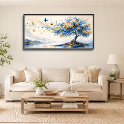 Voxlyra Large Framed Butterfly Tree Wall Art for Living Room 60'' × 30'' - color: Blue Tree