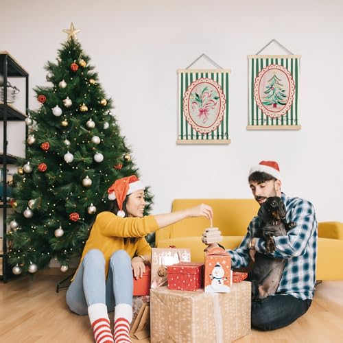 Exqcom Pink and Green Christmas Wall Decor Set of 2, Preppy Christmas Wall Art Poster, Trendy Green Striped Merry and Bright Xmas Tree Candy Cane Posters for Girls Room Dorm Apartment, 12x16 Inches - color: Christmas-Wall Decor-R