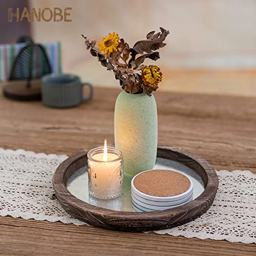 Hanobe 둥근 나무 장식 트레이: 커피 테이블 농가 센터피스 거울 캔들 홀더 빈티지 미러 바 플레이트 오토만 토퍼 홈 데코 욕실 주방용 - color: 디스트레스드 미러