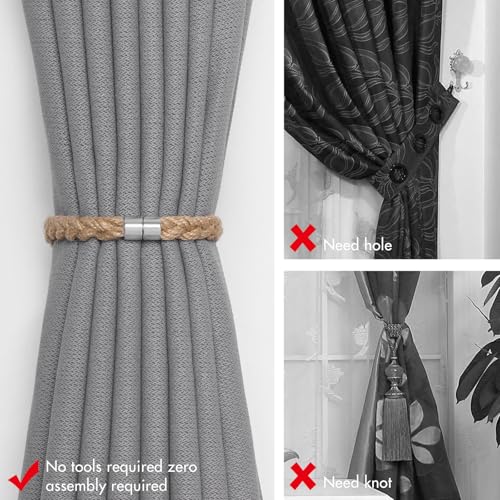 NICEEC 2 Pack Natural Jute Rope Curtain Tiebacks Elegant Boho Style Magnetic Drape Tie Backs Soft Hand-Woven Rope Curtain Holdbacks for Home & Office Drapery (Jute Rope-Thin) - color: Jute Rope-thin, size: 2 Pack
