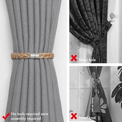 NICEEC 2 Pack Natural Jute Rope Curtain Tiebacks Elegant Boho Style Magnetic Drape Tie Backs Soft Hand-Woven Rope Curtain Holdbacks for Home & Office Drapery (Jute Rope-Thin) - color: Jute Rope-thin, size: 2 Pack