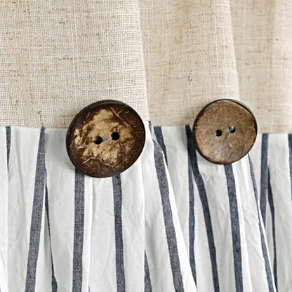 DOSLY Ides Farmhouse Rustic Cotton Valance Curtain, Navy Blue Striped Pleated Design with Coconut Buttons, Multi-Room Window Treatment for Kitchen Living Room Bedroom, 52x18 Inch - color: Linen & Blue Striped, size: 52"W x 18"L (Pack of 1)