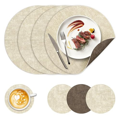 NCUE 13" Faux Leather Round Placemats Set of 4, Reversible Dual-Color - color: Dark Coffee Beige