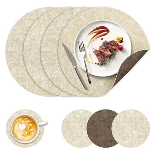 NCUE 13" Faux Leather Round Placemats Set of 4, Reversible Dual-Color - color: Dark Coffee Beige