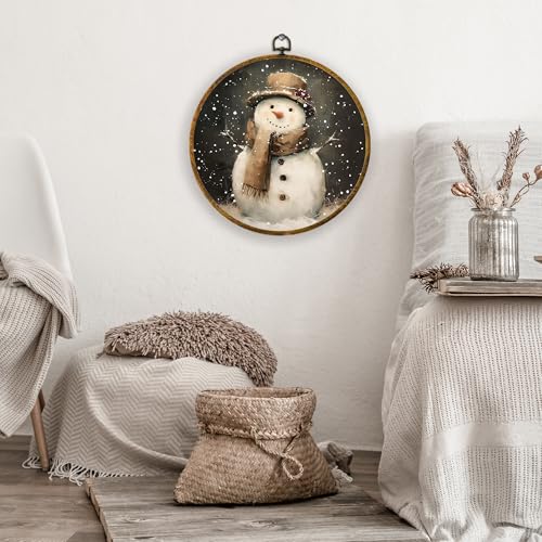 XPH Vintage Moody Christmas Snowman Round Wall Art Framed, Rustic Farmhouse Winter Circle Wall Decor, Cozy Winter Snowman Hanging Canvas Prints for Home Bedroom Living Room Decoration, 10x10 Inch - color: Christmas 10