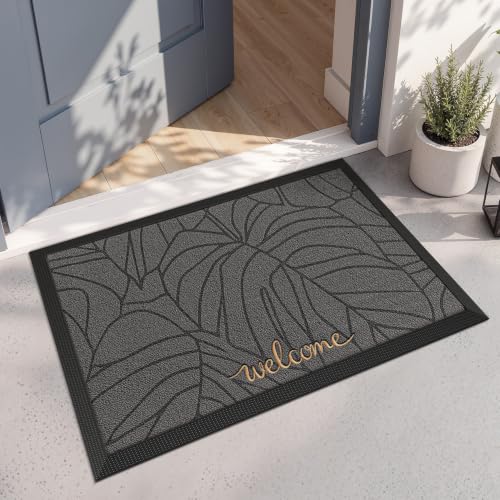 LUMI Outside Welcome Door Mat 20x32, Non-Slip Heavy Duty Dirt Trapper, Grey - color: Grey Gold Monstera, size: 20"x32"