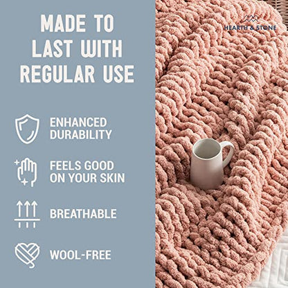 Chunky Knit Blanket Throw - 50"x60" 3.7 lbs.- Soft Chenille Yarn Knitted Blanket -Machine Washable Crochet Blanket - Handmade Cable Knit Throw Blanket for Couch, Bed (Blush Pink)