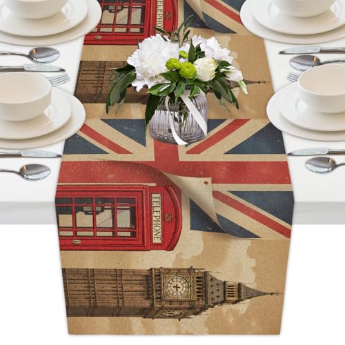 AUUXVA Table Runner London Red Telephone Booth Big Ben Union Jack Durable Luxury Dresser Scarf Tabletop Cloth for Wedding Dining Table Holiday Party Kitchen Home Decoration 13x90in - color: Vintage London, size: 13x90(in)