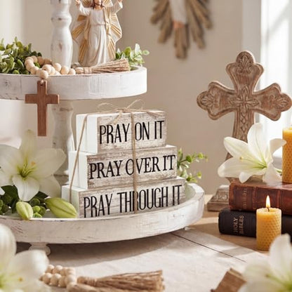 Yuntau 4 Pcs Christian Wooden Block Sign Pray Verse Tiered Tray Decor - style: Pray