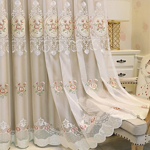 Amidoudou 1 Pair European Double Layer Curtains with Valance for Living Room Bedroom Floral Embroidered Curtains (Beige,51x84 Inch) - color: Beige, size: 51"W x 84"L (Pack of 2)