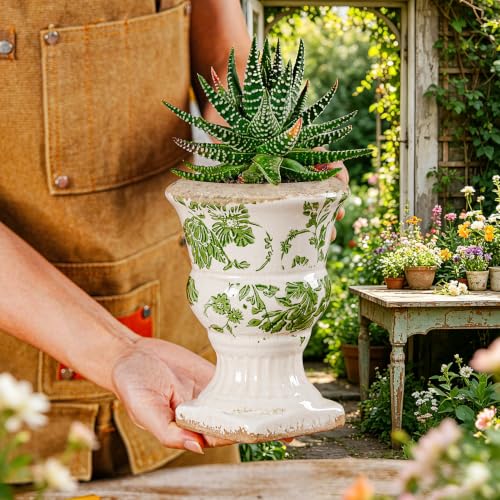 Sungmor Small Ceramic Urn Planter - Green Floral Pedestal Flower Pot - color: Green