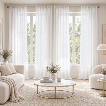 FMFUNCTEX White Sheer Curtains, 84 Inch, Rod Pocket, 4 Panels for Bedroom - color: White, size: 52"W x 84"L (Pack of 4)