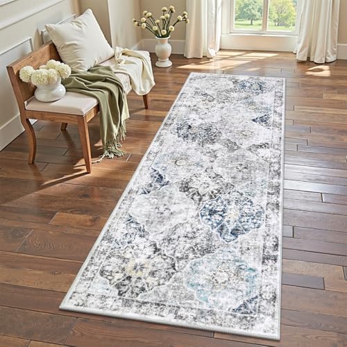 Ileading Washable Hallway Runner Rugs, 2x6 Non Slip Runners Area Rug for Entryway Kitchen Bathroom Bedroom Laundry Living Room, Long Narrow Low-Pile Floor Carpet Boho Vintage Throw Mat for Kids Room - color: Blue&grey, size: 2' x 6' (Rectangular)