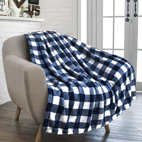 PAVILIA Buffalo Check Fleece Throw Blanket | Blue White Checkered Plaid Flannel Blanket | Soft Velvet Lightweight Microfiber Blanket for Bed Couch Sofa | 60x80 Inches Checker Navy - color: Checker Navy, size: 60 x 80 Inches - Twin